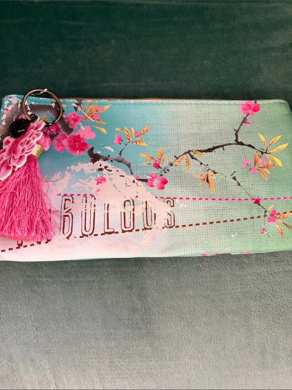 Floral Tassel Card & Key Holder Wallet - Aqua & Pink